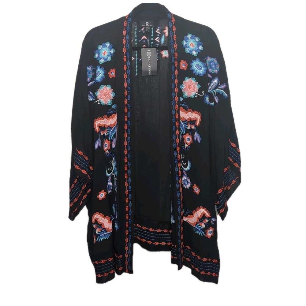 NWT Curations Embroidered Kimono Cover Up Size M/L Relaxed Fit Black Floral Boho